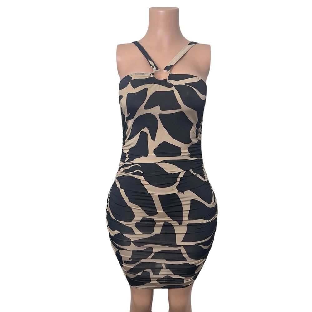 Strappy Ruched Mini Dress in Black and Beige